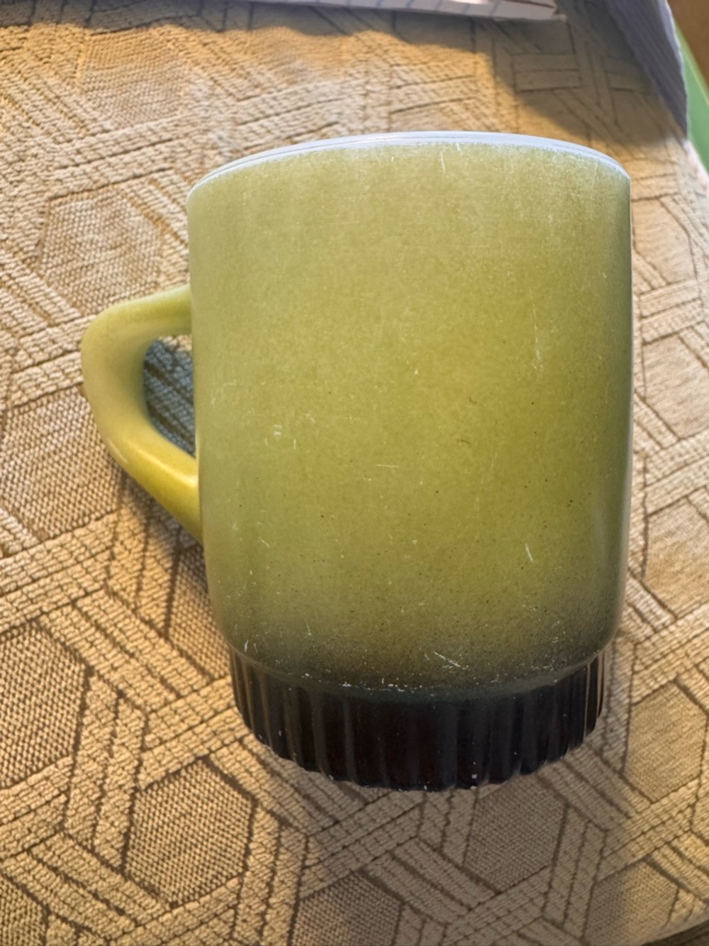 Vintage Anchor Hocking Fire-King Ware Avocado Green Coffee Cup, USA, milk glass